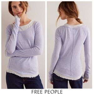 Nwts-$80 FREE PEOPLE Two’s A Charm Tee “Layered” Shirt M *Stylish Exposed Seams*